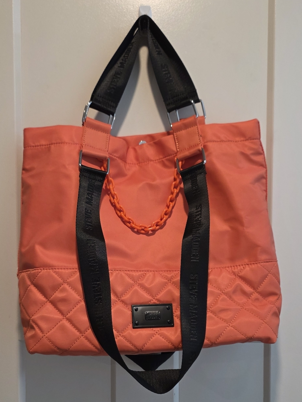 Steve Madden Orange Quilted Tote with Black Straps NWOT